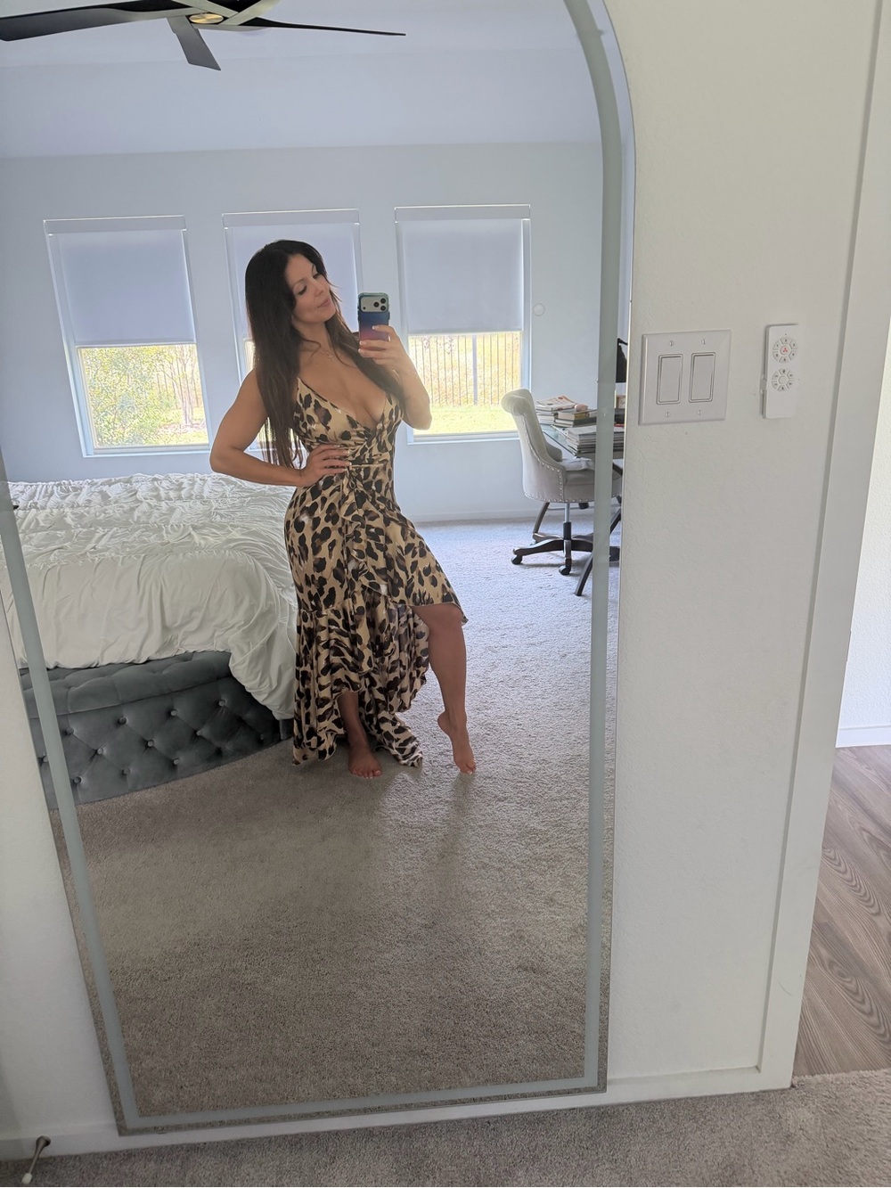 Spaghetti Strap Leopard Print High-Low Dress - Brown